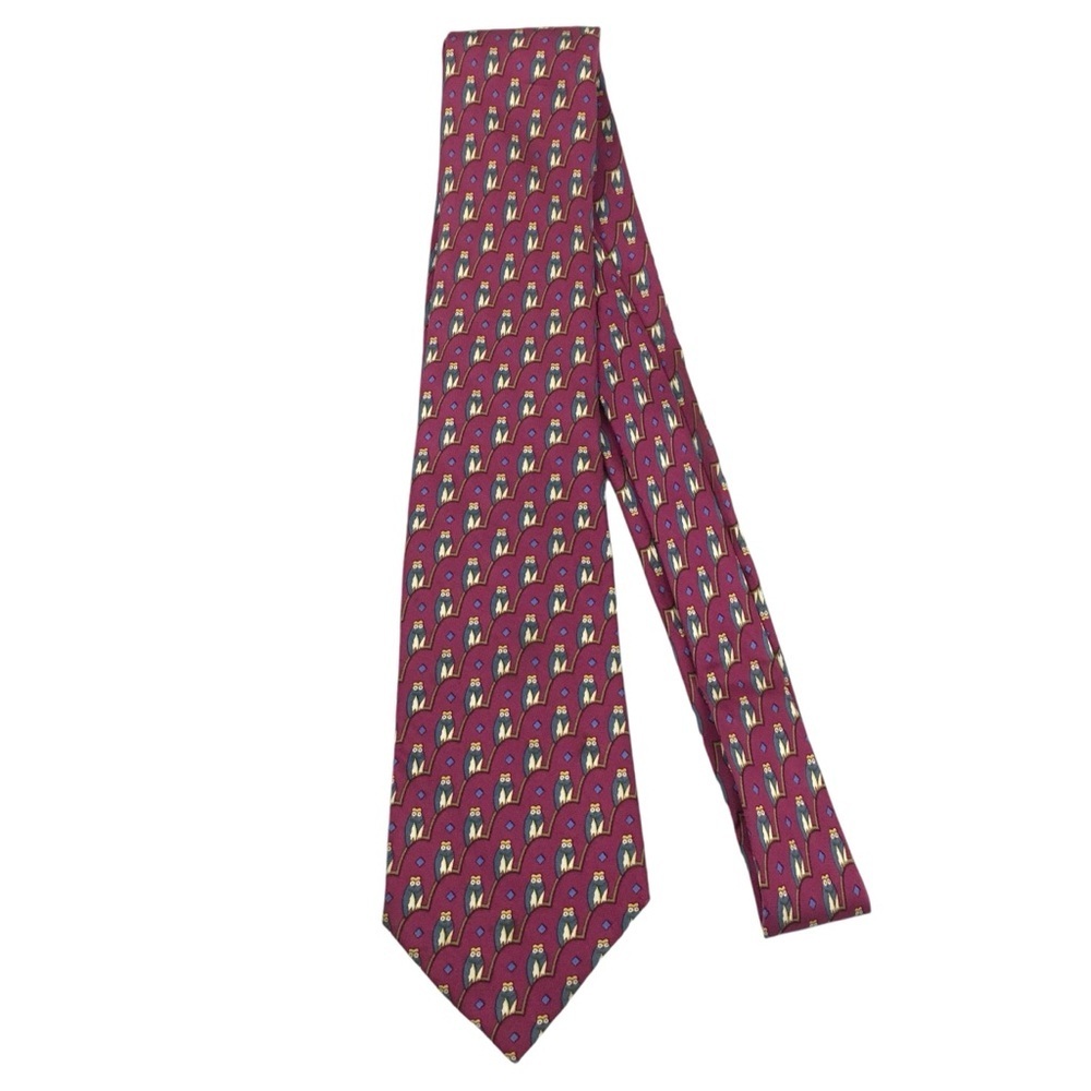 Hermes Owl Red and Yellow Patterned Tie